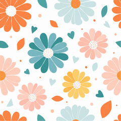 Playful Floral Pattern with Pastel Daisies Hearts and Leaf Accents