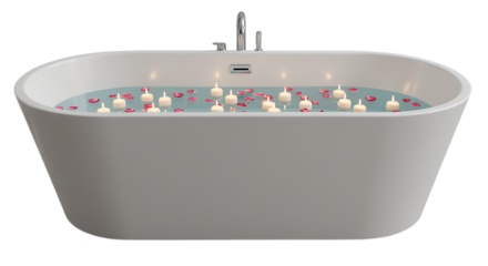 relaxing bathtub filled with candles and flowers on transparent background