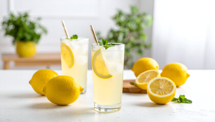 Fototapeta premium Refreshing lemonade in tall glasses with ice, lemon slices, and mint garnishes, surrounded by fresh lemons.