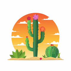Stylized Cactus Garden with Blooming Flowers and Sandy Soil Illustration