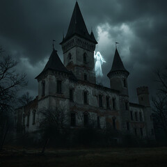 A spooky castle with a ghostly figure floating in the dark, stormy sky.