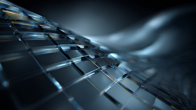 Abstract black 3d background with glass transparent square plates row, light blue gradient and speed motion effect. Crystal curve wave line pattern. Render futuristic digital tech Stock Illustration