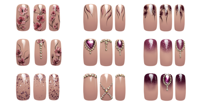 various nail designs with floral patterns and decorations on transparent background