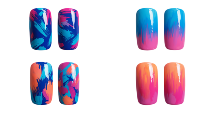 colorful nail designs displayed in rows on transparent background