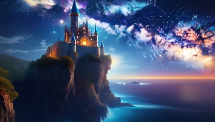 enchanted castle on a cliff under a starry night sky
