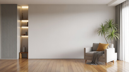 Modern living room with armchair and plant near window