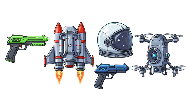 Retro Sci-Fi Adventure: Rocket, Guns, Helmet, and Drone Array