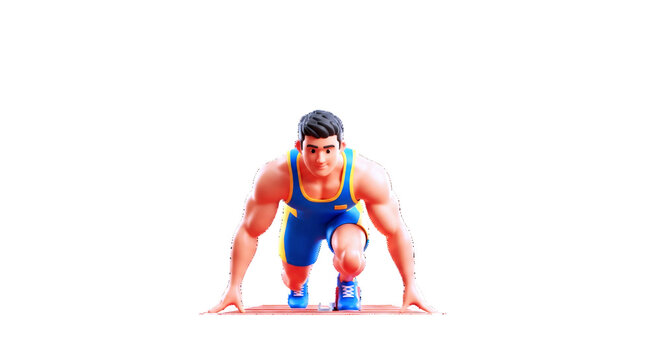 ready, set, go powerful cartoon sprinter poised at starting line, 3d animation, isolated on transparent background