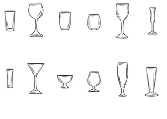 Set of various drink glasses icons. Wineglass icon vector. Set of different glasses line icons.