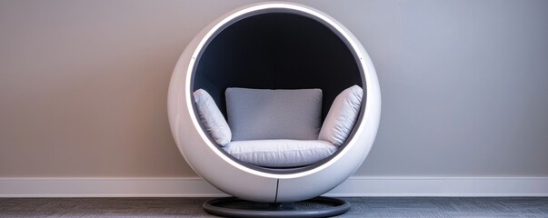 A modern, spherical chair with plush cushioning, designed for comfort and aesthetic appeal, set against a minimalistic wall background.