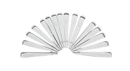 a fan of silver blades arranged in an arc on transparent background