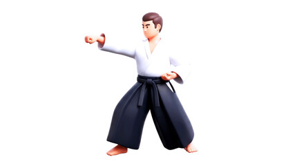 3d cartoon aikido master focused stance, precise movement, martial arts animation, isolated on transparent background