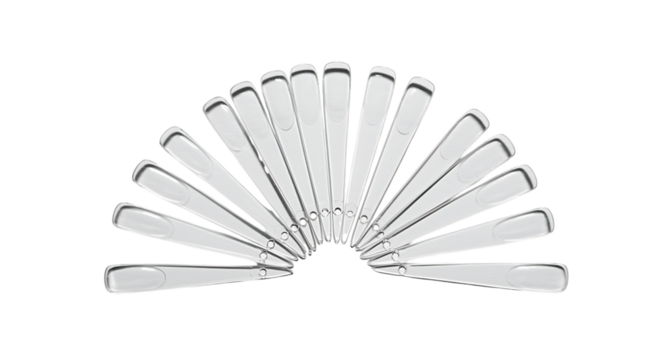 a fan of silver blades arranged in an arc on transparent background