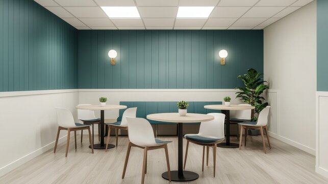 A modern, minimalistic interior featuring teal walls, round tables, white chairs, and a potted plant, creating a cozy atmosphere.