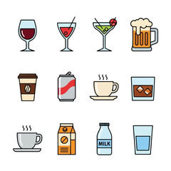 Four different types of coffee drinks and a coffee maker, presented in a flat design.