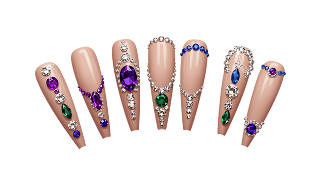 elegant nails adorned with gemstones and pearls on transparent background