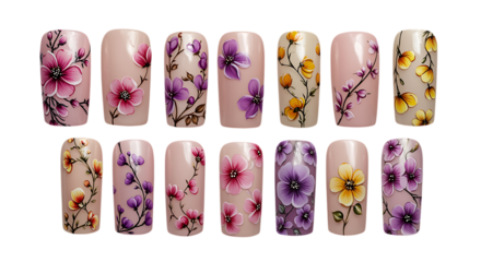 colorful floral nail designs on transparent background