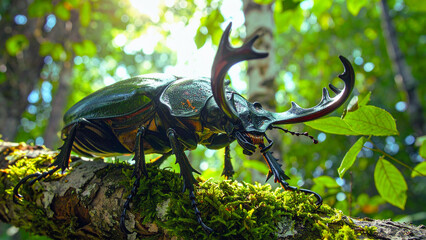 A large black rhinoceros beetle, a wild insect, crawls on a leaf in a forest during the summer