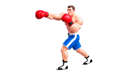 3d cartoon boxer powerful punch, dynamic pose, championship spirit, ready to fight, victory stance, athletic powerhouse, unstoppable force, isolated on transparent background