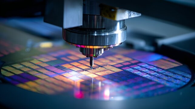 Cutting Edge Microelectronics Manufacturing With Precision Equipment and Glowing Chip Surface