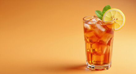 Fototapeta premium Refreshing iced lemon tea in glass with mint leaves, isolated on vibrant orange background.