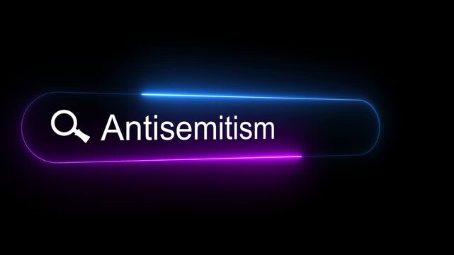 Searching Antisemitism on the Internet, Computer Screen Macro, 3D animation, Blue neon line Searching box on a black background. 4k