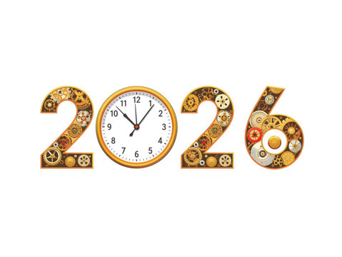 2026 numbers made of cookies and sweets with clock for New Year concept