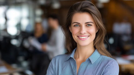 Obraz premium Professional businesswoman smiling in corporate office environment