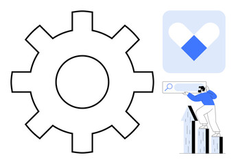 Gear mechanism, search bar, individual climbing chart bars, heart-shaped design. Ideal for innovation, process improvement, growth, analytics technology productivity teamwork. Simple flat metaphor