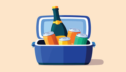 Blue portable cooler box full of refreshing drinks like a sparkling wine bottle and cans, isolated vector illustration