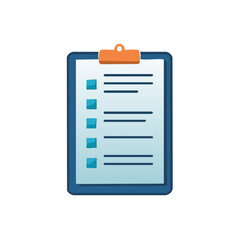 Vector illustration of a blue clipboard holding a paper checklist with multiple checkboxes