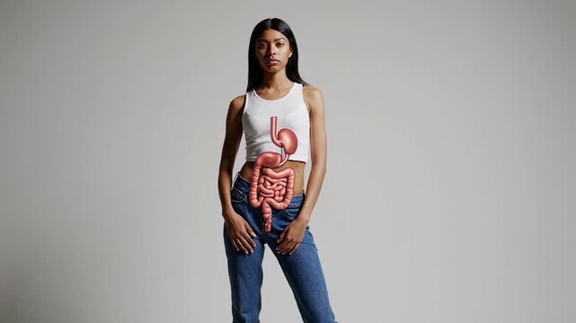 Medical animation revealing intricate digestive system anatomy superimposed on young woman body against pristine white background, highlighting internal organ networks