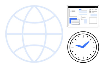 Globe representing global reach, web browser interface highlighting online interaction, analog clock signifying time management. Ideal for technology, productivity, digital communication, networking