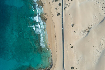Aerial View of Road Crossing the Corralejo Sand Dunes, Fuerteventura