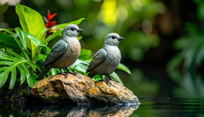 Fototapeta premium Pair of bird sculptures perched on rock surrounded by lush green foliage, water reflections create peaceful and natural atmosphere in garden setting