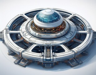 high tech space hub with round architecture and exposed gears on white backdrop