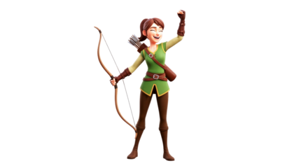 triumphant 3d cartoon archer girl celebrates victory, bow and arrows, emerald green attire, isolated on transparent background