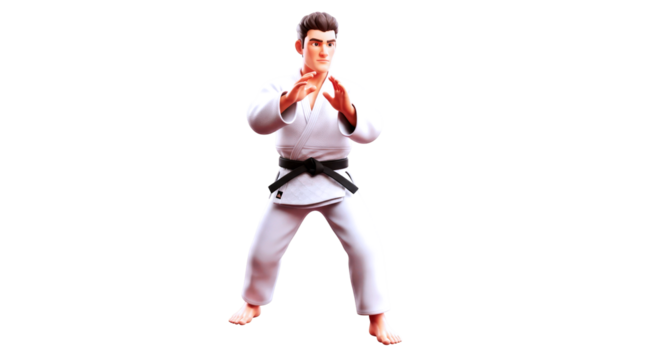 3d cartoon karate master poised for action, intense focus animation, isolated on transparent background