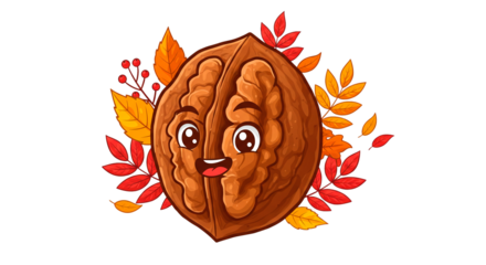 Happy walnut autumn leaves fall season cute character food illustration cartoon nut thanksgiving harvest on transparent background