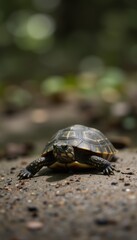 Obraz premium A Small Turtle Taking a Slow and Steady Journey Down a Forest Path