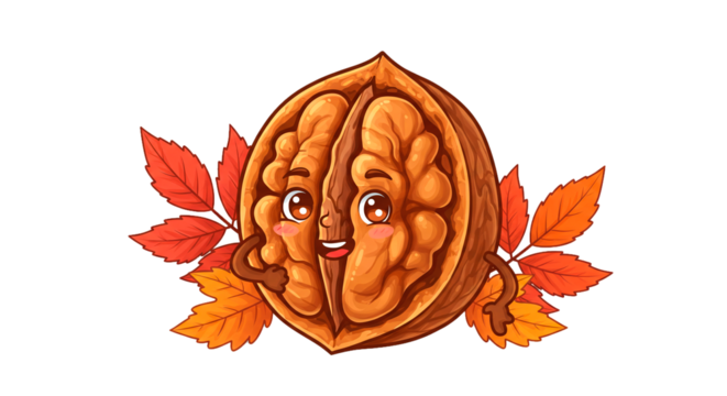 Cute autumn walnut character with leaves fall season cartoon illustration food design element healthy snack on transparent background