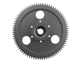 Automotive and Industrial Diesel Engine Flywheel: High-Detail 3D Render of a Mechanical Spare Part with Two-Groove Pulley and Electric Starter Gear. Isolated on Transparent Background for Design.