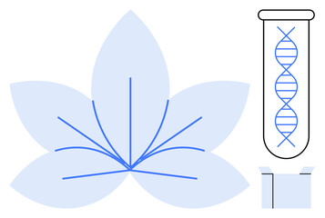 DNA helix inside test tube, abstract leaf form, connected lines. Ideal for genetics, biotechnology, plant science, eco-innovations, bioengineering sustainability green technology. Simple flat