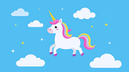 Cute funny brown cartoon animal horse in the sky with clouds and snow