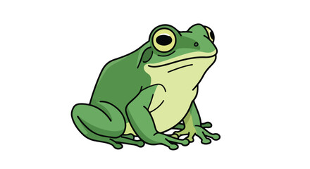 A stylized illustration of a vibrant green frog with bold outlines sitting patiently on a white surface, conveying a sense of nature and quiet