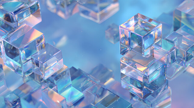 Abstract light blue 3d background wallpaper with glass holographic transparent square plate shapes render. Geometric crystal block pattern. Futuristic digital technology banner. 3D illustration Stock 