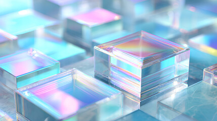 Abstract light blue 3d background wallpaper with glass holographic transparent square plate shapes render. Geometric crystal block pattern. Futuristic digital technology banner. 3D illustration Stock 