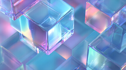 Abstract light blue 3d background wallpaper with glass holographic transparent square plate shapes render. Geometric crystal block pattern. Futuristic digital technology banner. 3D illustration Stock 