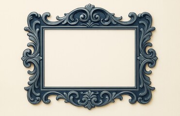Ornate dark blue vintage picture frame with decorative baroque details on blank cream wall background, ideal for elegant branding or mockup display. Ai generative