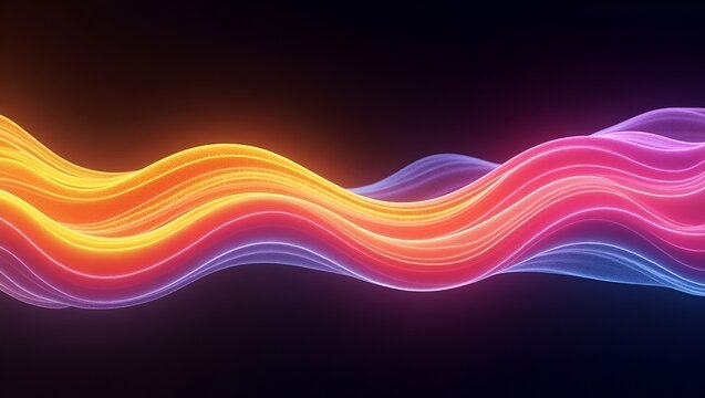 A striking glass-inspired gradient blending yellow, pink, and purple, featuring ribbed distortions and flowing wave patterns. Neon glow highlights intensify the futuristic contrast on black